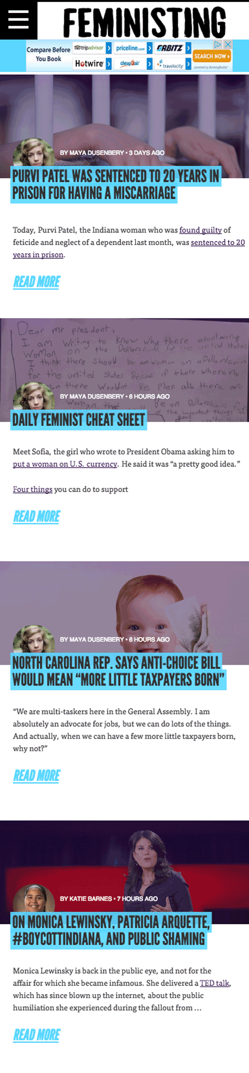 Mobile view of Feministing website